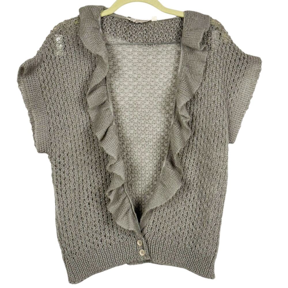 Ben Goodman Vintage 90s Crochet Sheer Ruffle Short Sleeve Sweater Cardigan M/L‎